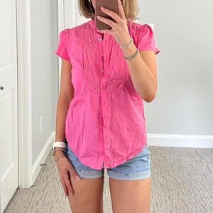 Liz Claiborne 90s beaded cotton cap sleeve fitted short sleeve Pink blouse xs